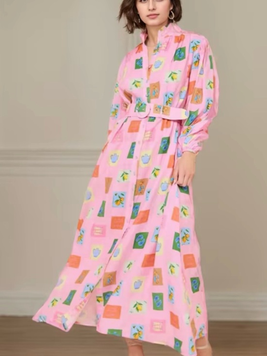 Dresses & Skirts - Women's Linen Blend Pink Printed Maxi Dress with Belt Resort Wear Aesthetic